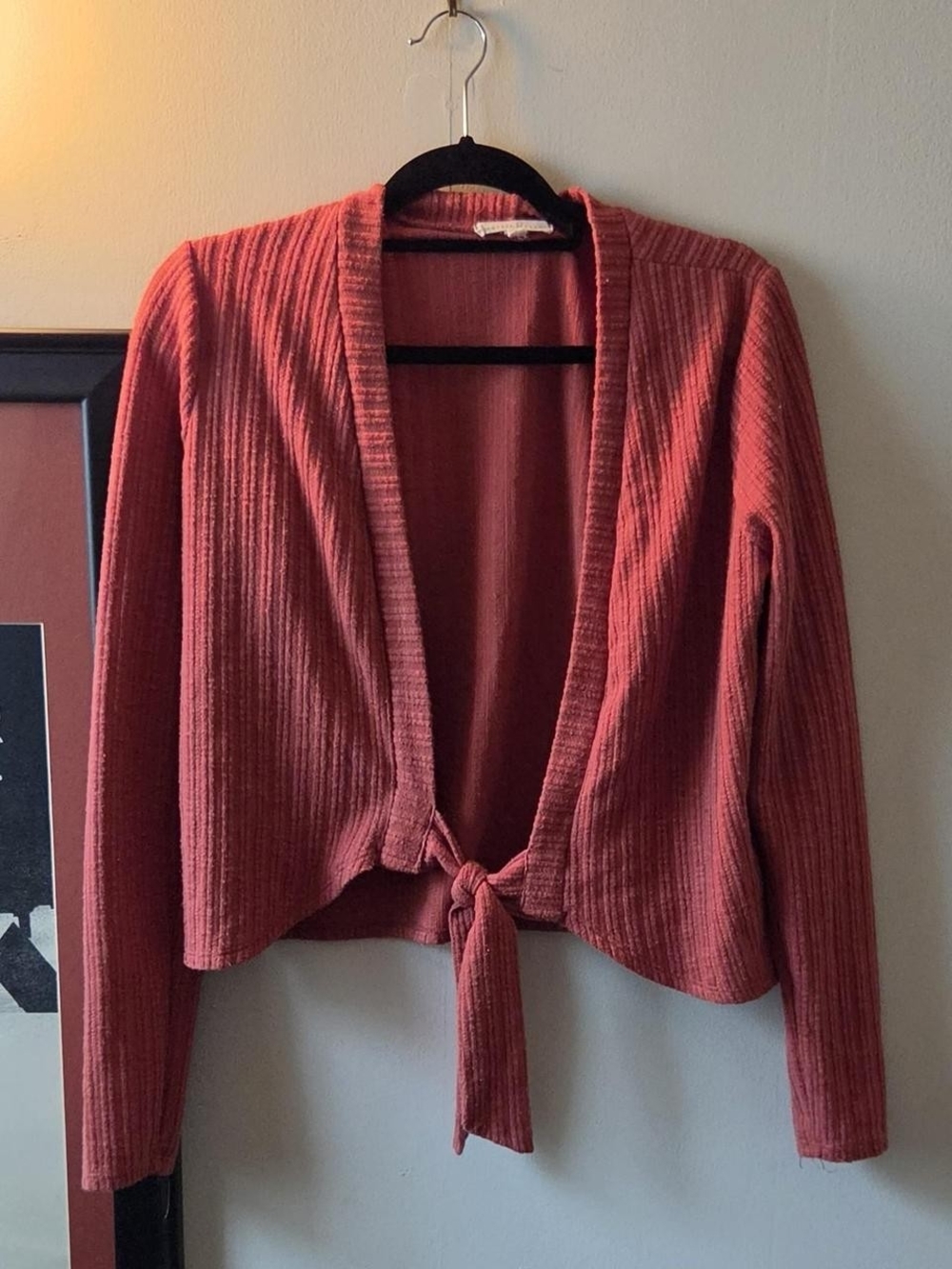 Tie-Front Ribbed Women's Cardigan Sweater - Red